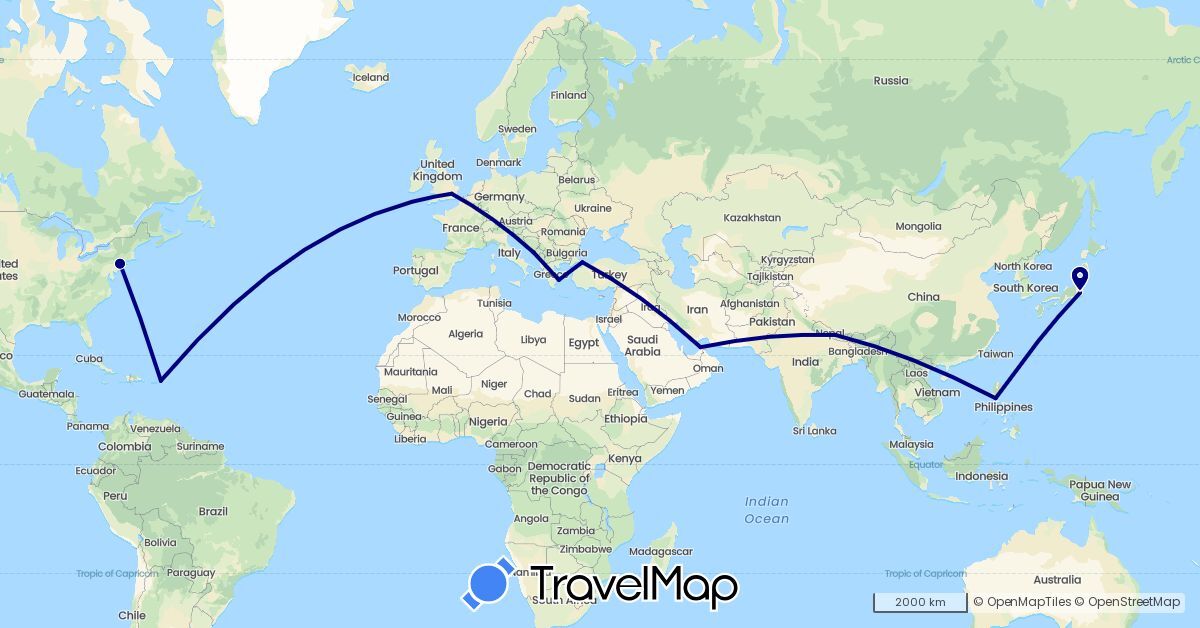 TravelMap itinerary: driving in United Arab Emirates, United Kingdom, Greece, Croatia, Japan, Nepal, Philippines, Turkey, United States (Asia, Europe, North America)
