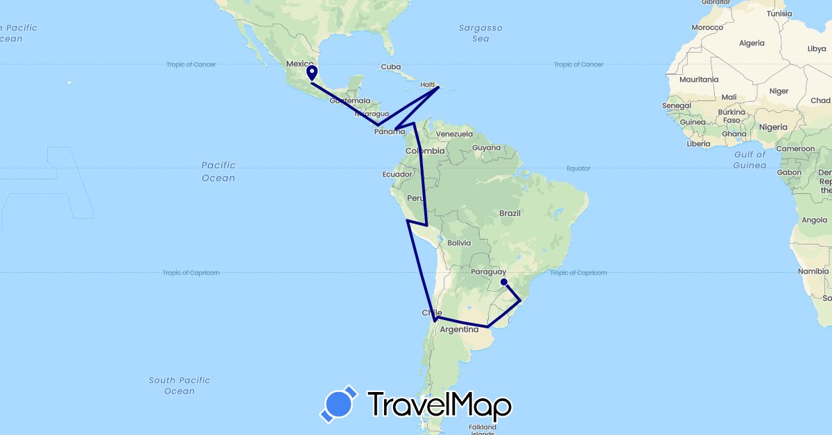 TravelMap itinerary: driving in Argentina, Brazil, Chile, Colombia, Costa Rica, Dominican Republic, Mexico, Panama, Peru (North America, South America)